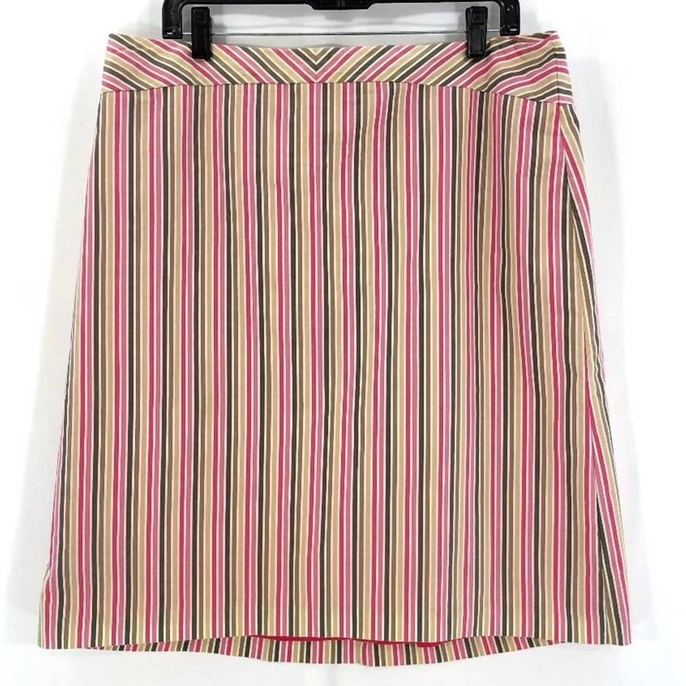 J Crew Striped Pink Green Pencil Skirt Cotton Blend Lined SZ 14 Spring Summer